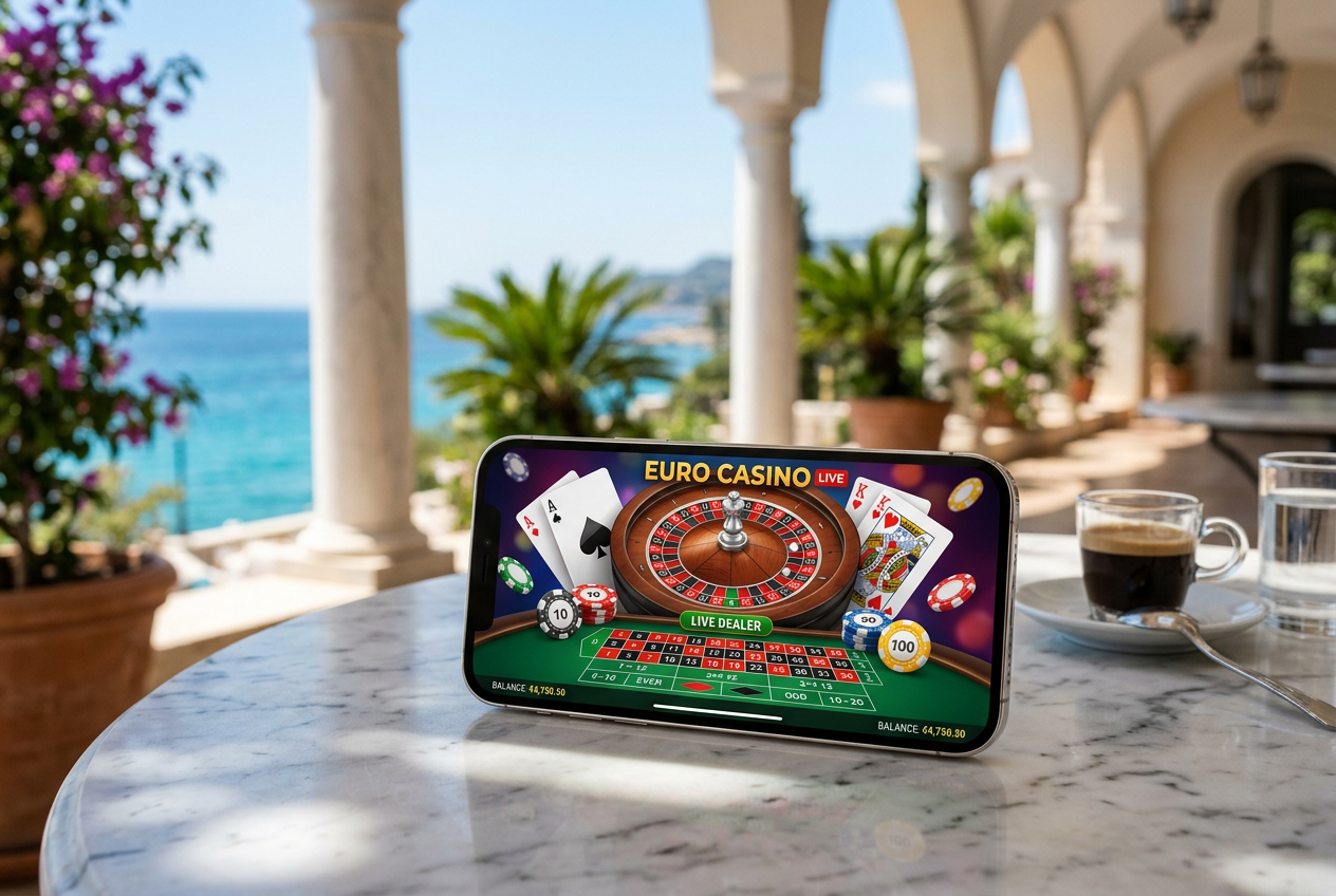 A modern smartphone showing a luxury online casino interface with a background of Greek architecture